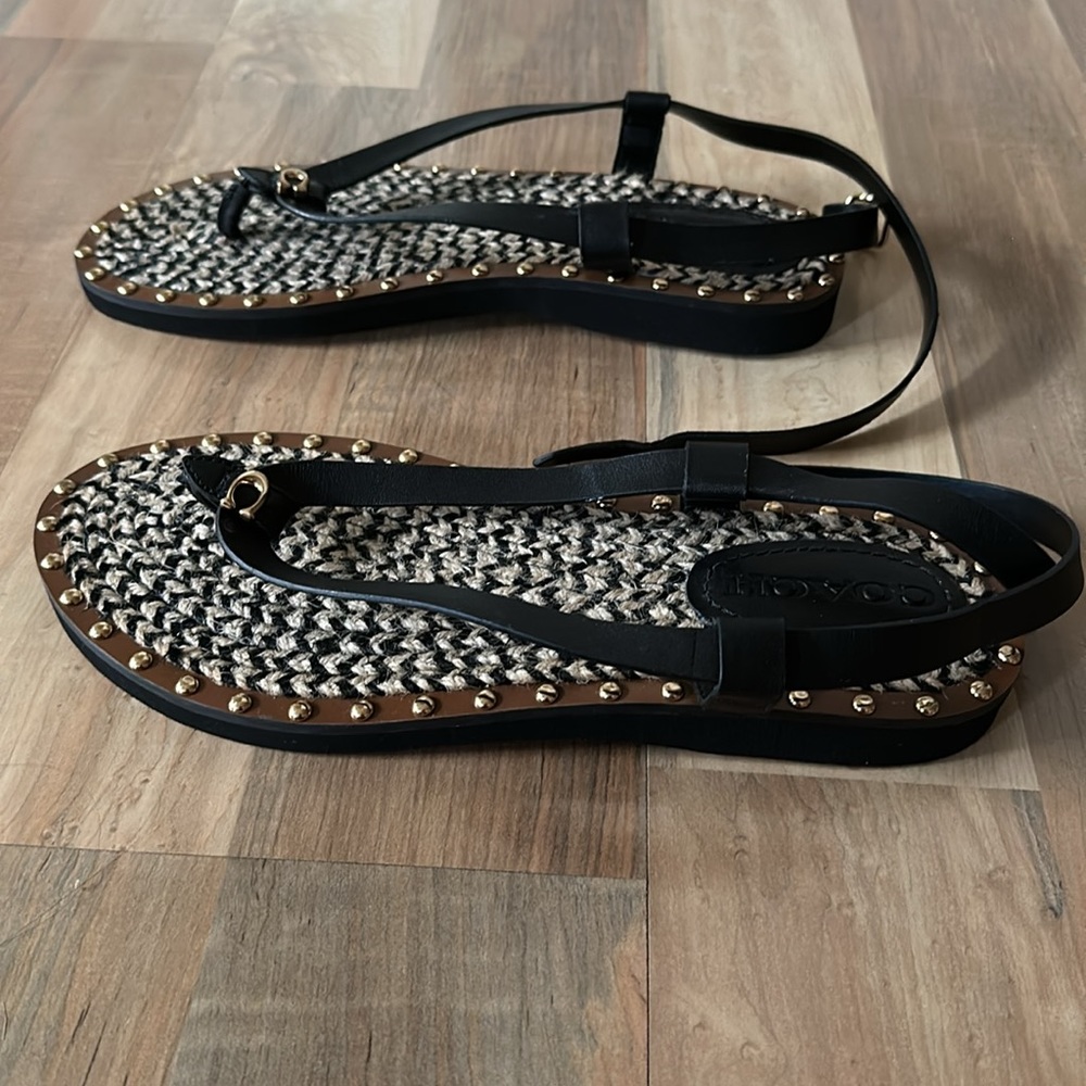 Coach Gracey thong Sandal black Editor's Notes ankle-wrap gold studs woven jute - Picture 7 of 10